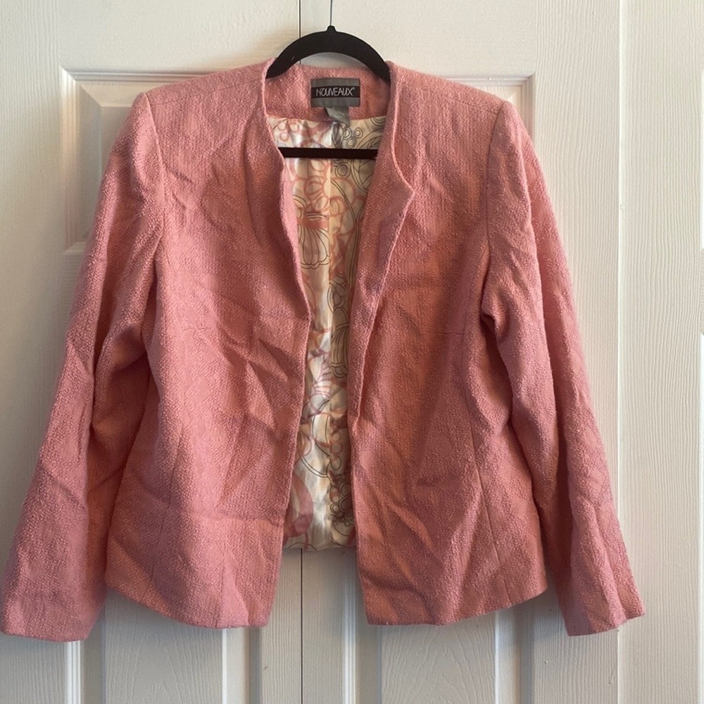 Nouveaux Textured Boucle Blazer Womens Size 12 Pink Open Front Jacket Spring